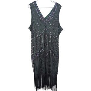 BABEYOND Flapper V Neck Fringed Cocktail Dress Green & Black 4X (Fits 2X-3X)